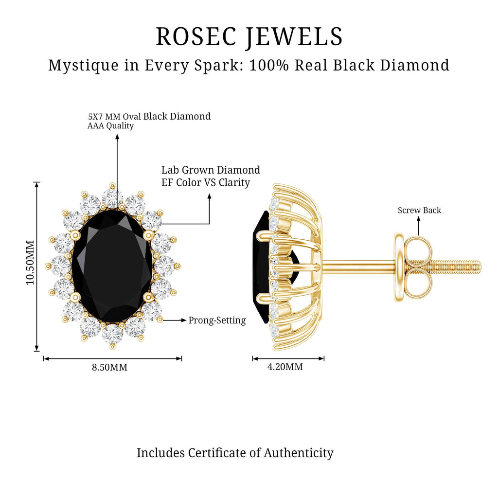 2 Carat Oval Shaped Black and White Diamond Stud Earrings in Yellow Gold Plated Silver
