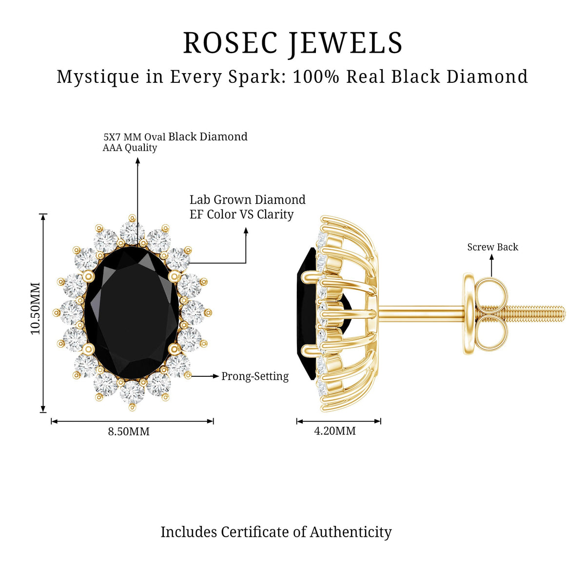 2 Carat Oval Shaped Black and White Diamond Stud Earrings in Yellow Gold Plated Silver