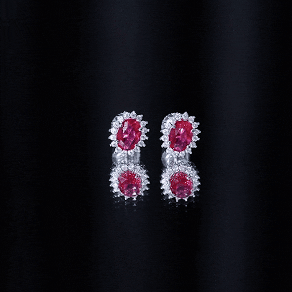 2 Carat Oval Cut Lab Grown Ruby Halo Stud Earrings in Silver