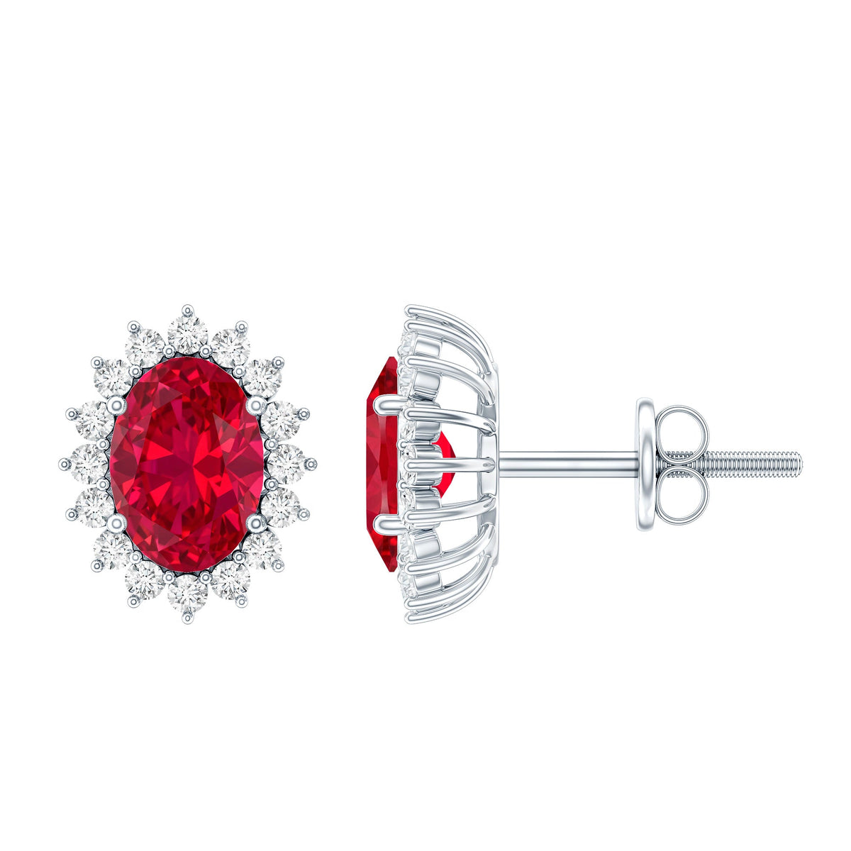 2 Carat Oval Cut Lab Grown Ruby Halo Stud Earrings in Silver