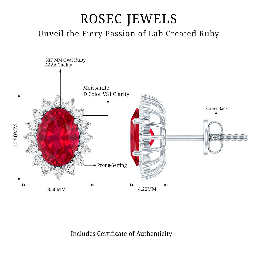 2 Carat Oval Cut Lab Grown Ruby Halo Stud Earrings in Silver