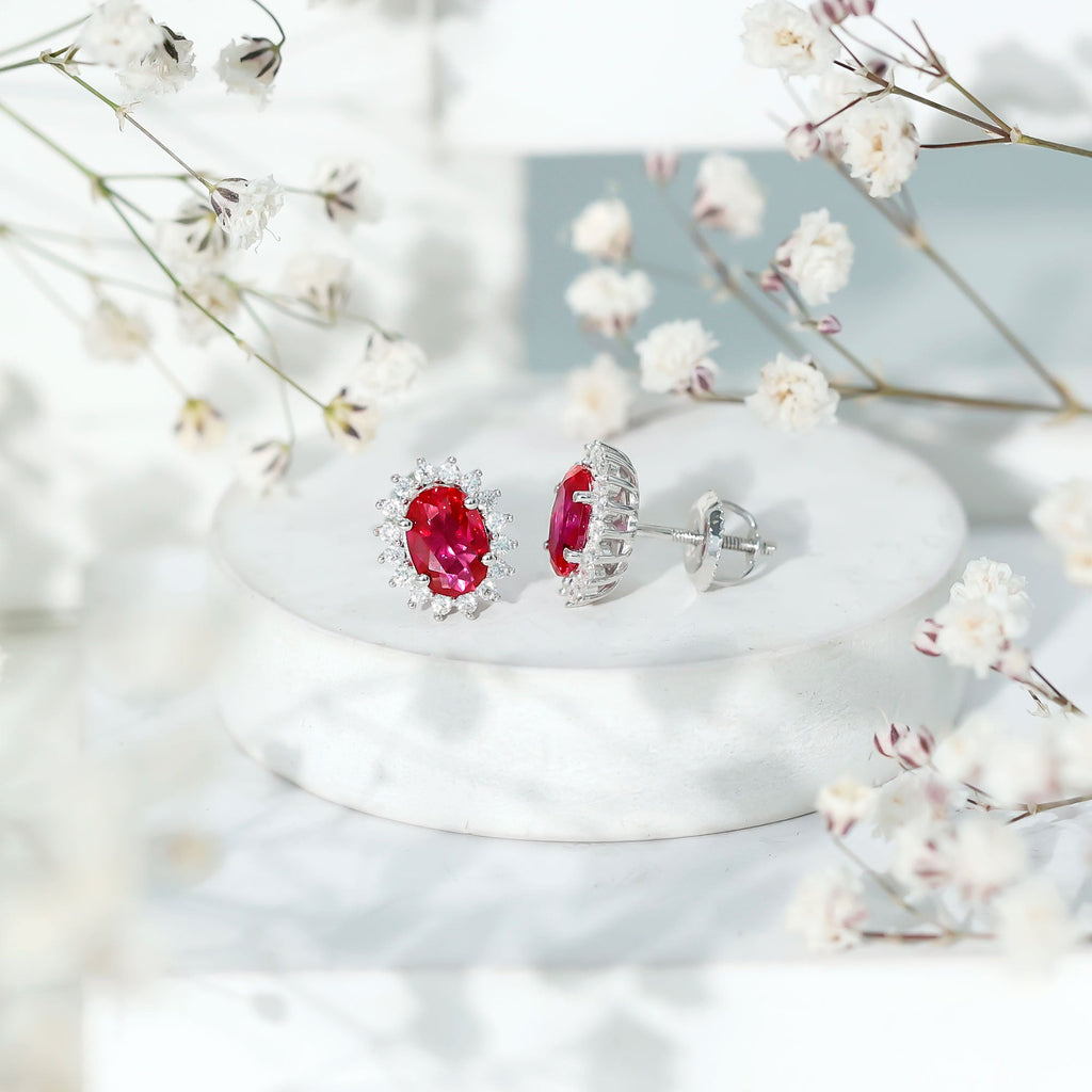 2 Carat Oval Cut Lab Grown Ruby Halo Stud Earrings in Silver