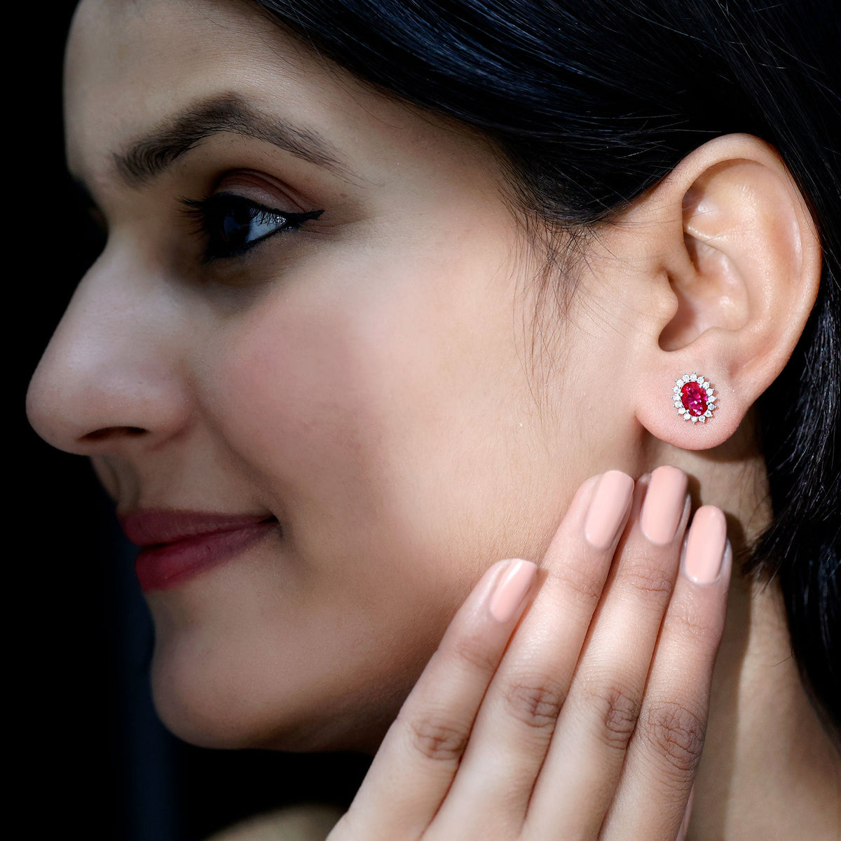 2 Carat Oval Cut Lab Grown Ruby Halo Stud Earrings in Silver
