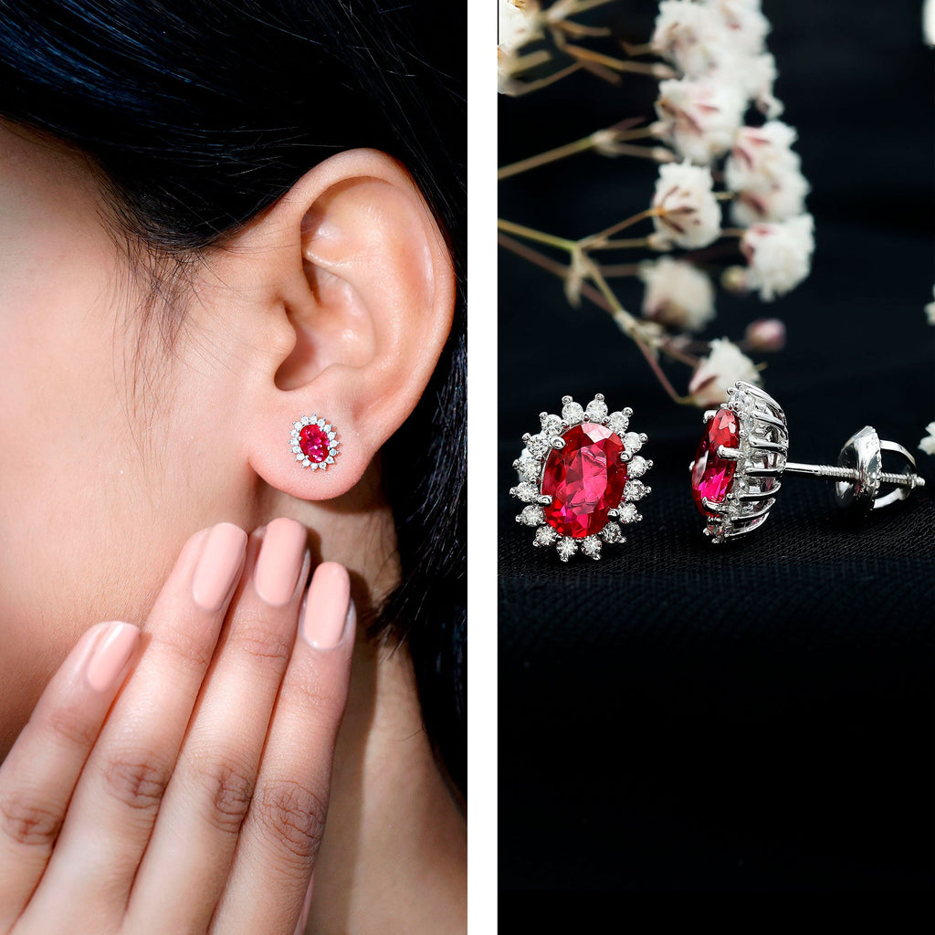 2 Carat Oval Cut Lab Grown Ruby Halo Stud Earrings in Silver