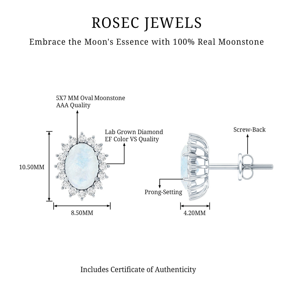 Genuine 2 Carat Moonstone and Diamond Halo Stud Earrings