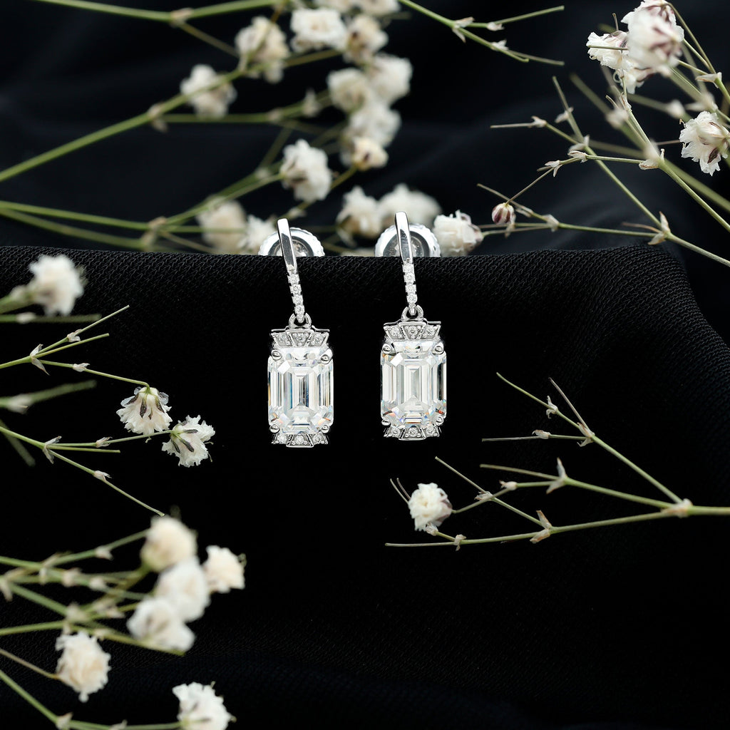 3.5 Carat Emerald Cut Moissanite Drop Earrings for Women in Silver