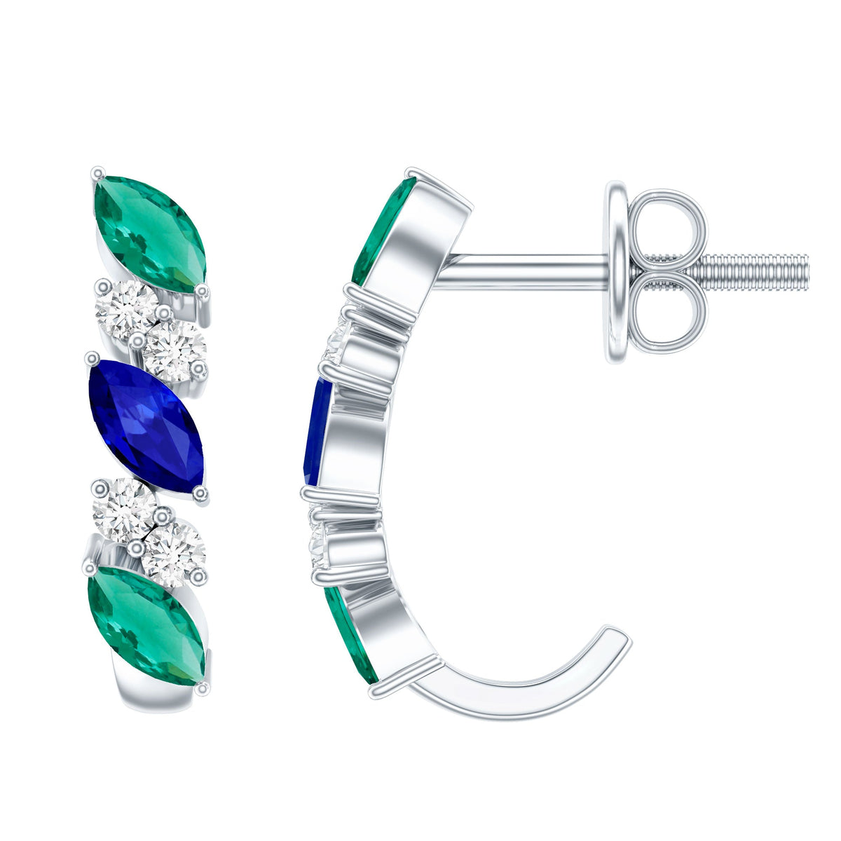Marquise Cut Lab Created Blue Sapphire and Emerald Hoop Earrings with Moissanite