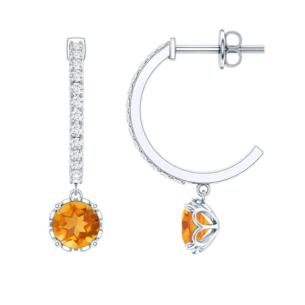 Natural Citrine Diamond Drop Hoop Earrings with Screw Back