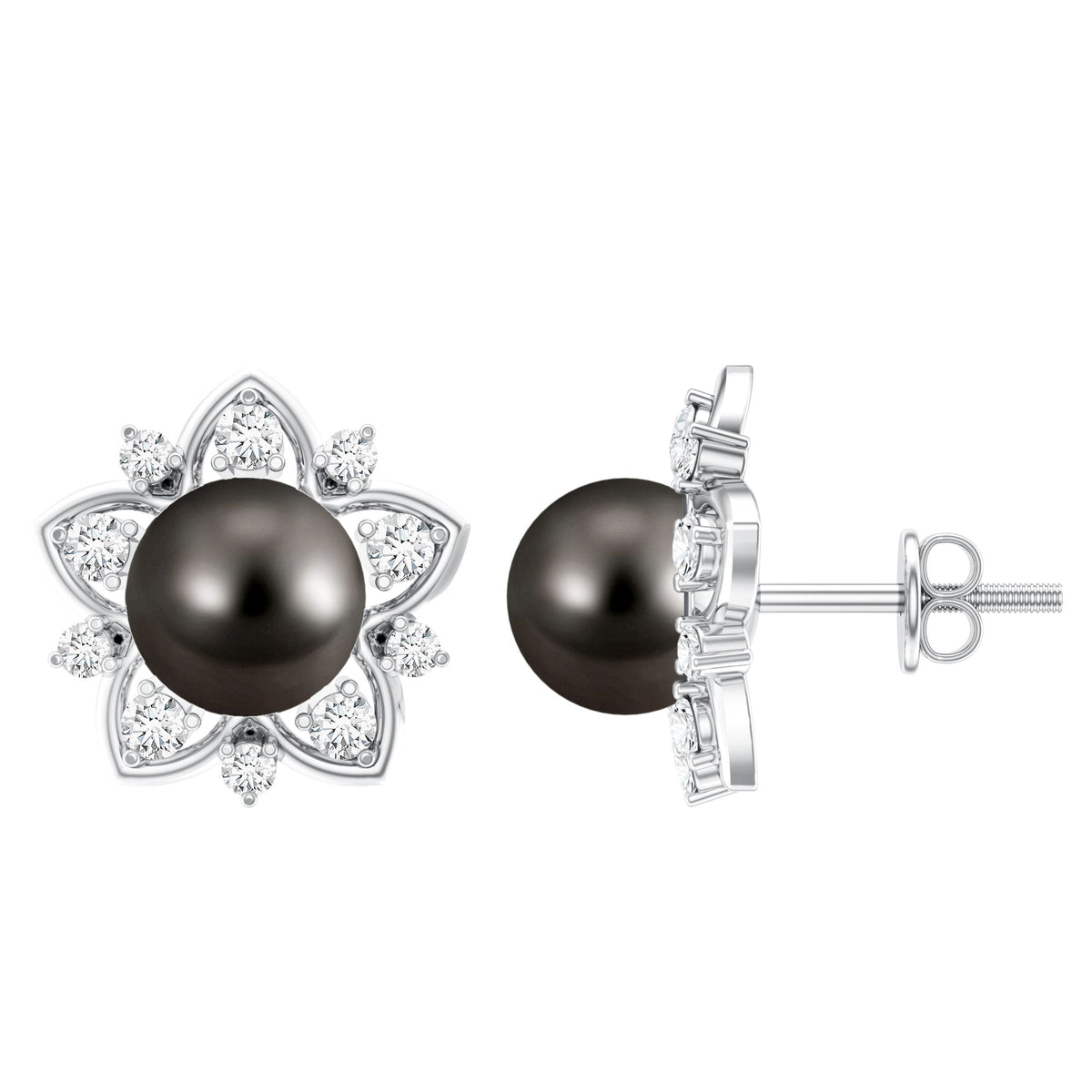 Genuine Tahitian Black Pearl and Diamond Flower Stud Earrings