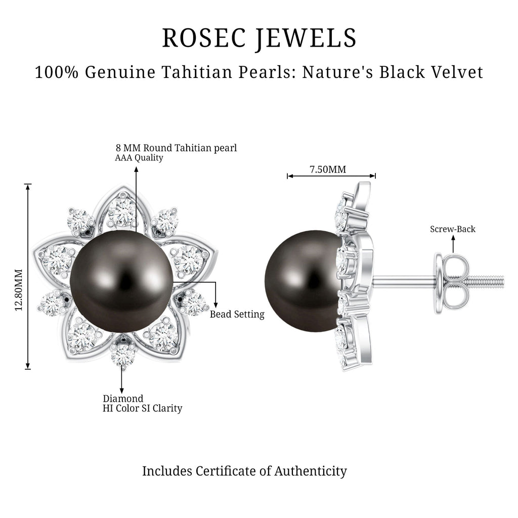 Genuine Tahitian Black Pearl and Diamond Flower Stud Earrings