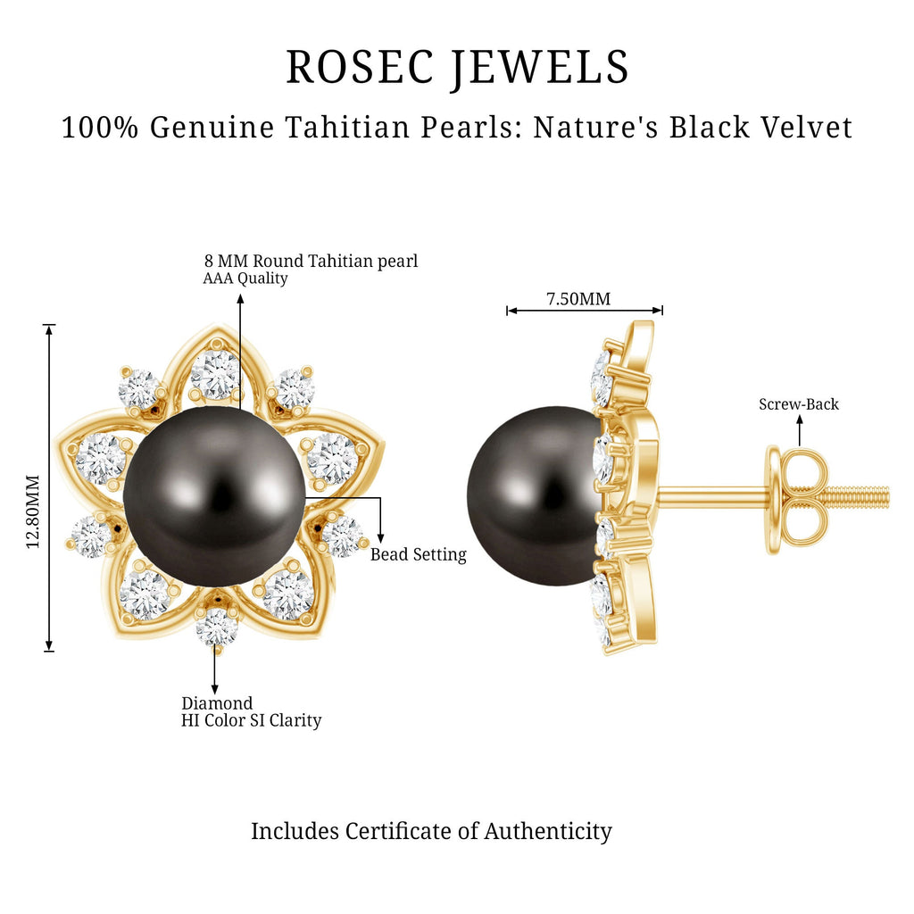 Genuine Tahitian Black Pearl and Diamond Flower Stud Earrings
