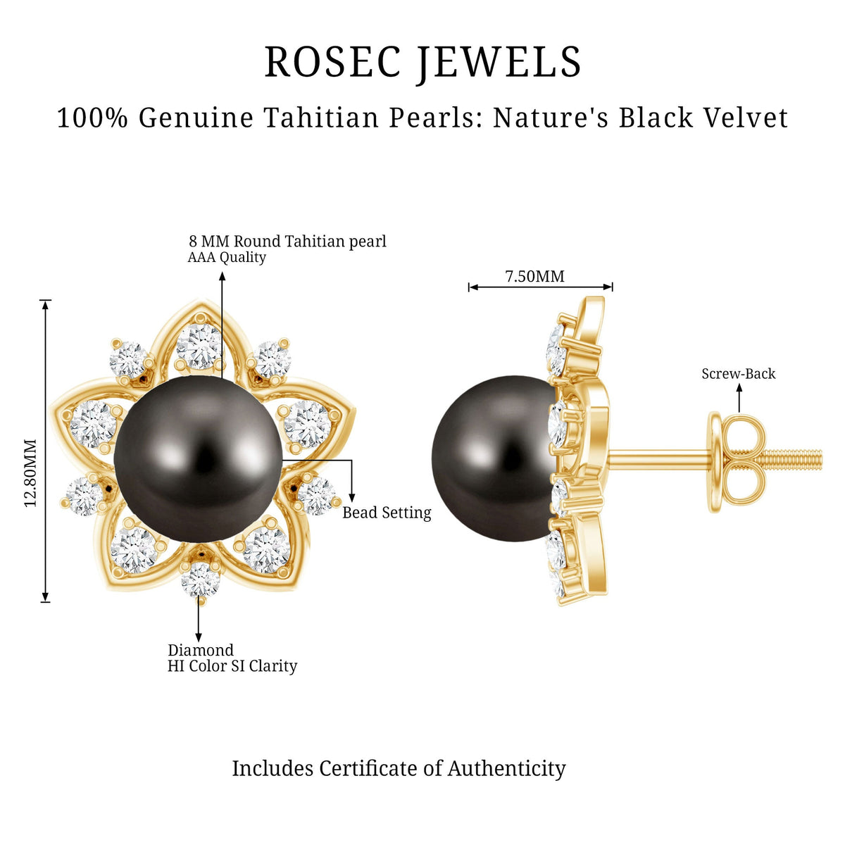 Genuine Tahitian Black Pearl and Diamond Flower Stud Earrings