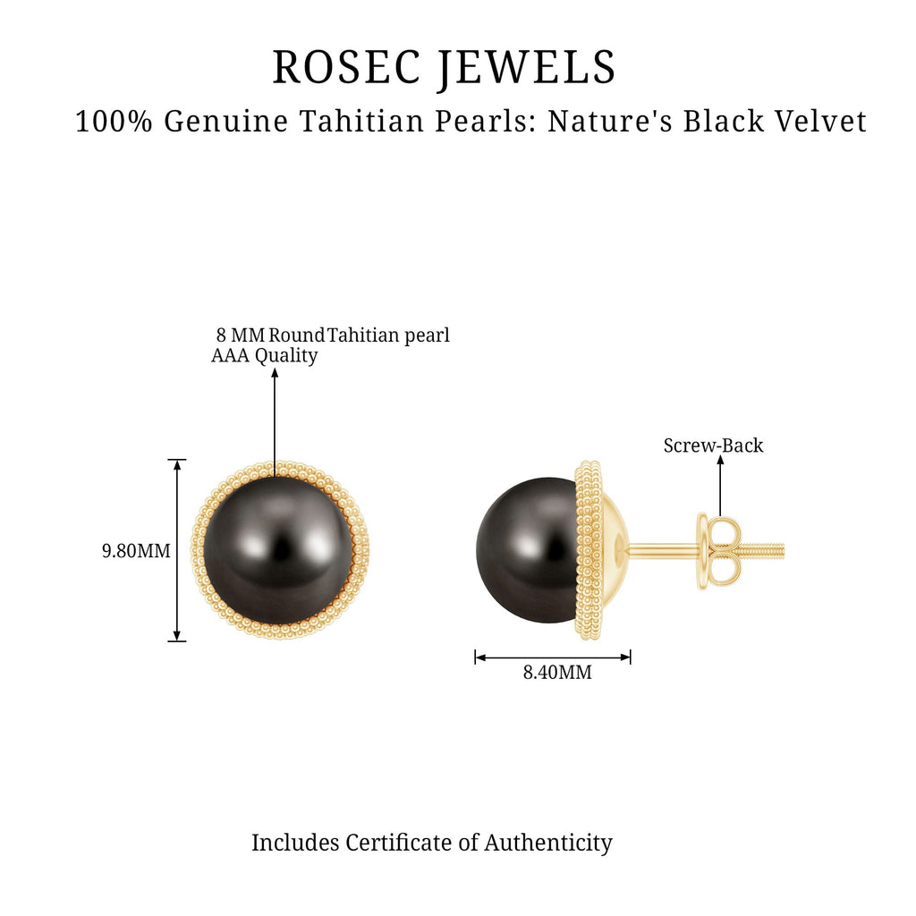 15 Carat Tahitian Black Pearl Solitaire Stud Earrings with Beaded Detail
