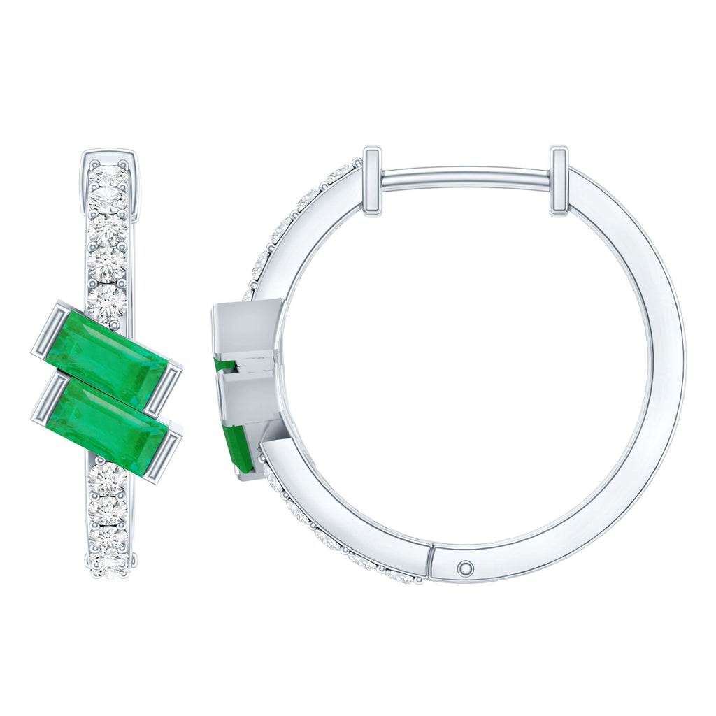 Baguette Emerald and Diamond Hoop Earrings For Women