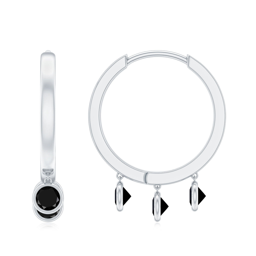 Three Stone Created Black Diamond Hoop Drop Earrings in Bezel Setting