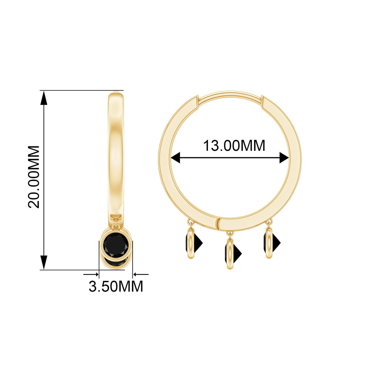 Three Stone Created Black Diamond Hoop Drop Earrings in Bezel Setting