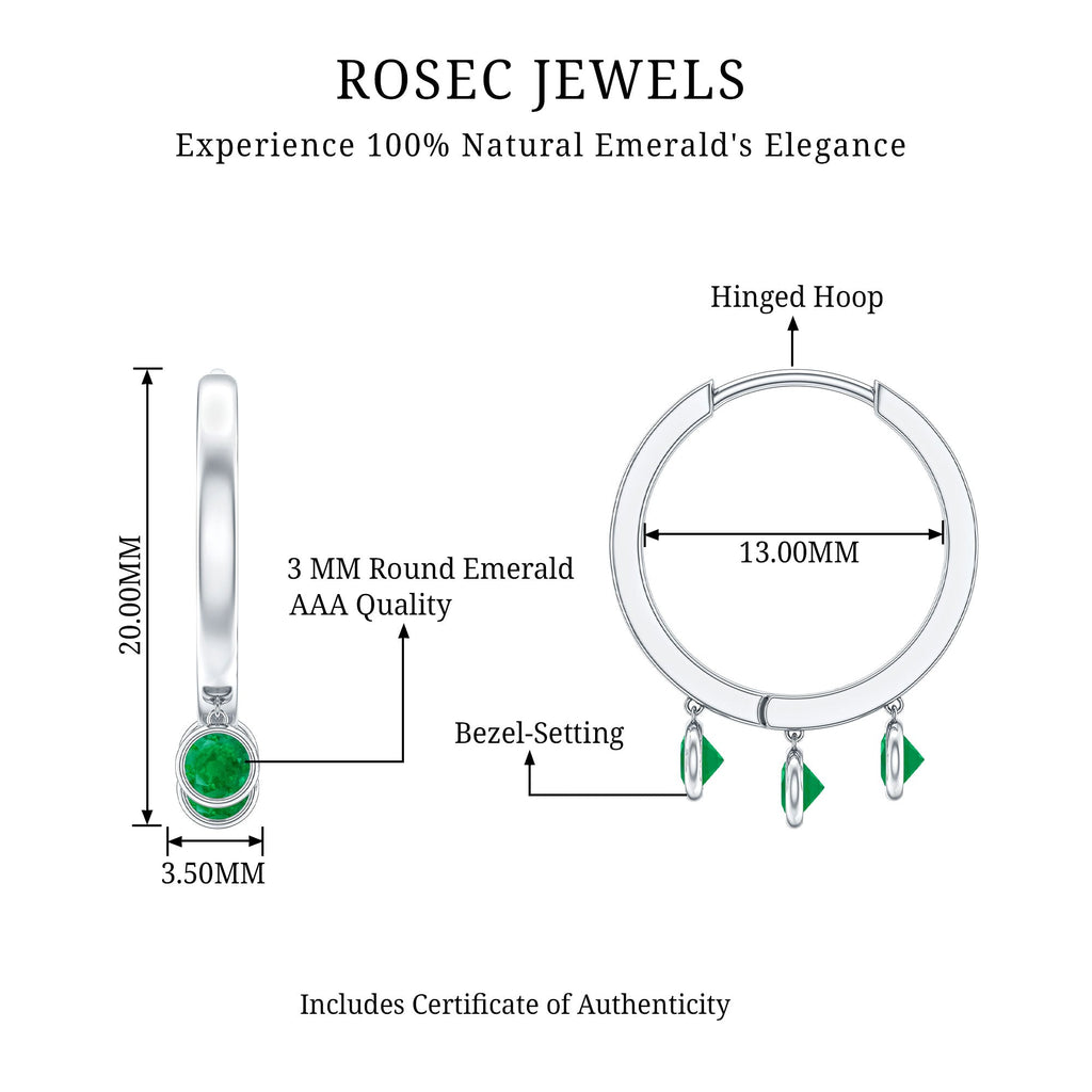 Certified Real 3 Stone Emerald Drop Hoop Earrings