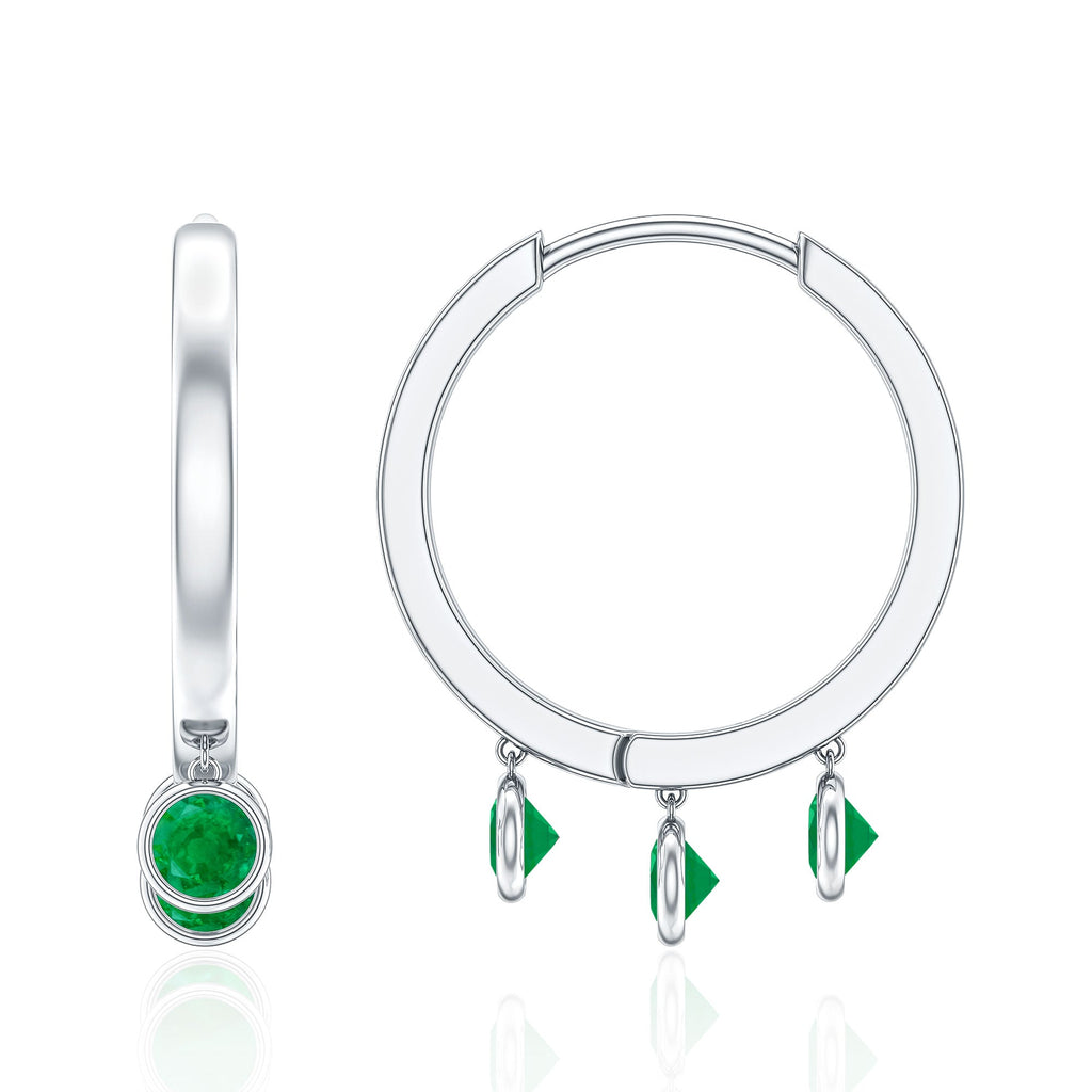 Certified Real 3 Stone Emerald Drop Hoop Earrings