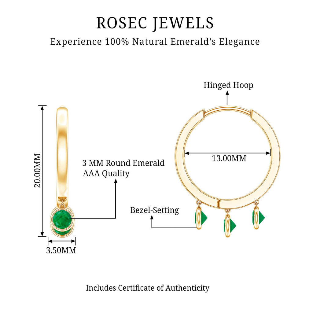 Certified Real 3 Stone Emerald Drop Hoop Earrings