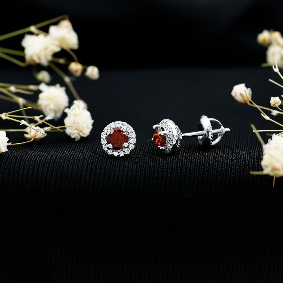 Genuine Garnet Stud Earrings with Lab Grown Diamond Halo