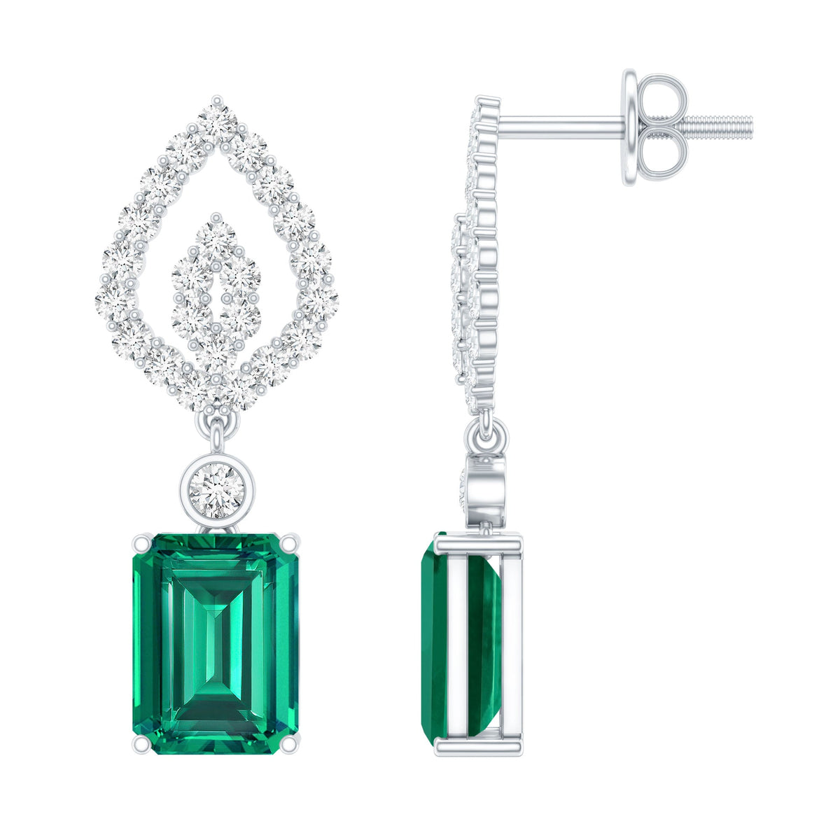 Art Deco Lab Grown Emerald Diamond Drop Earrings With Screw Back