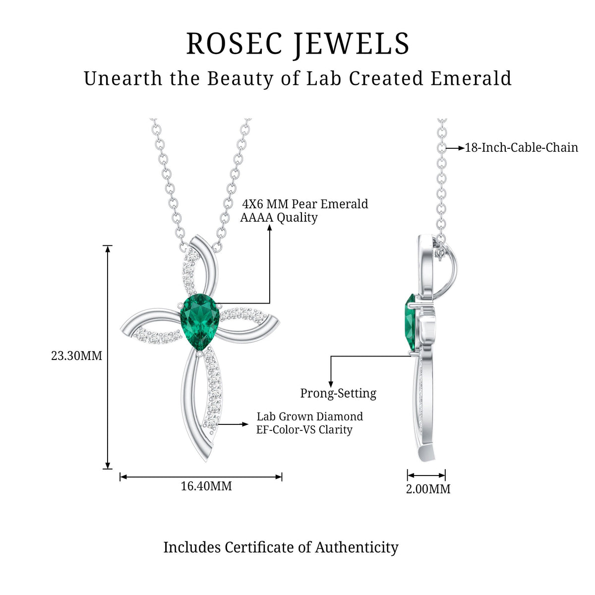 Certified Lab Grown Emerald Diamond Cross Pendant Necklace