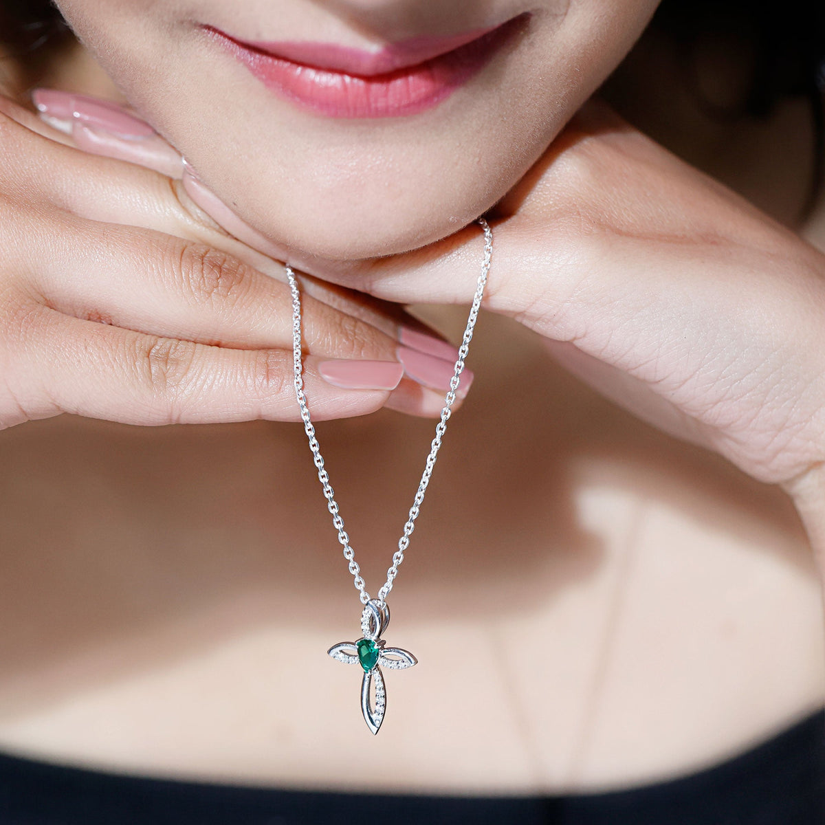 Certified Lab Grown Emerald Diamond Cross Pendant Necklace