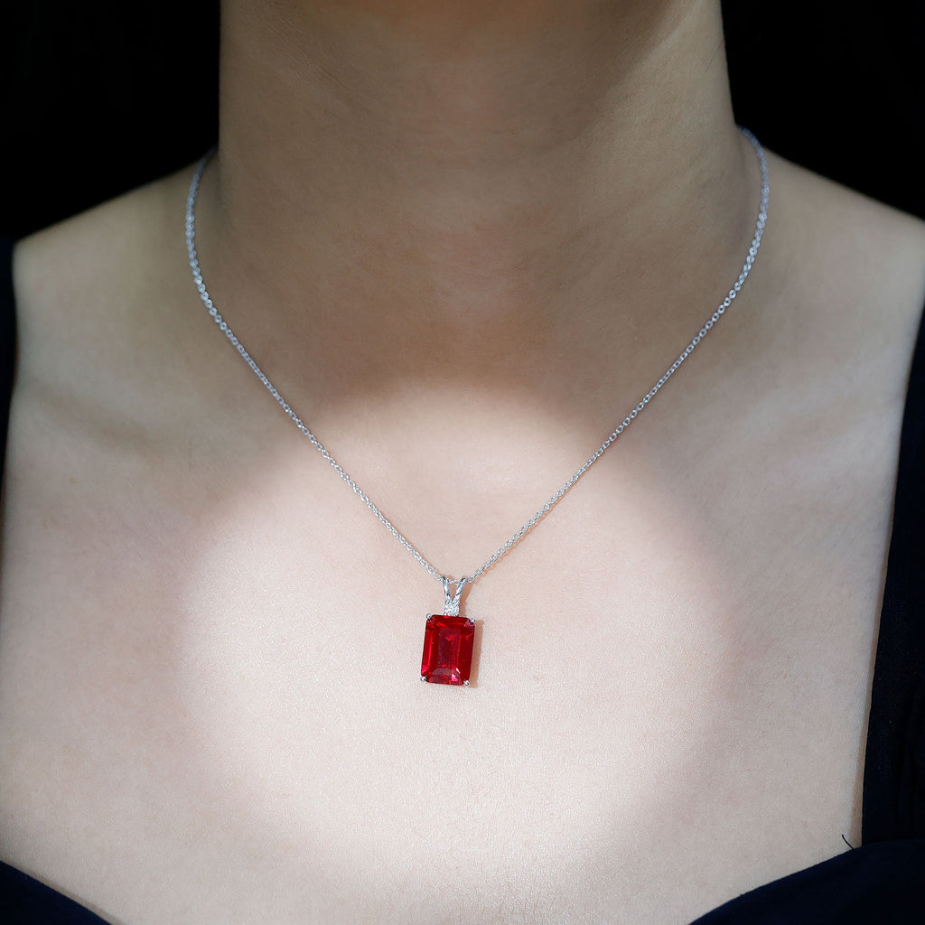 Sterling Silver 5 Carat Lab Grown Ruby Statement Pendant Necklace for Women