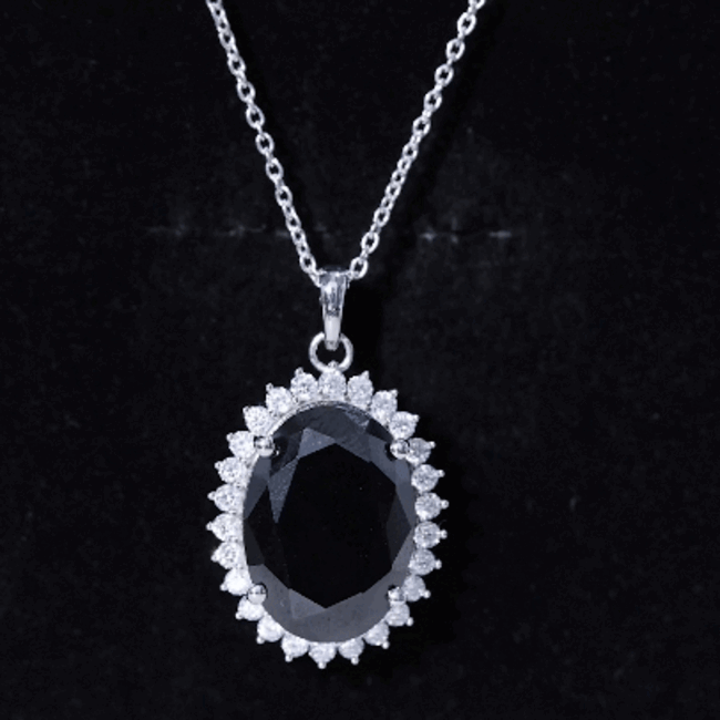 Certified 14 Carat Oval Lab Grown Black Diamond Cocktail Necklace in Silver