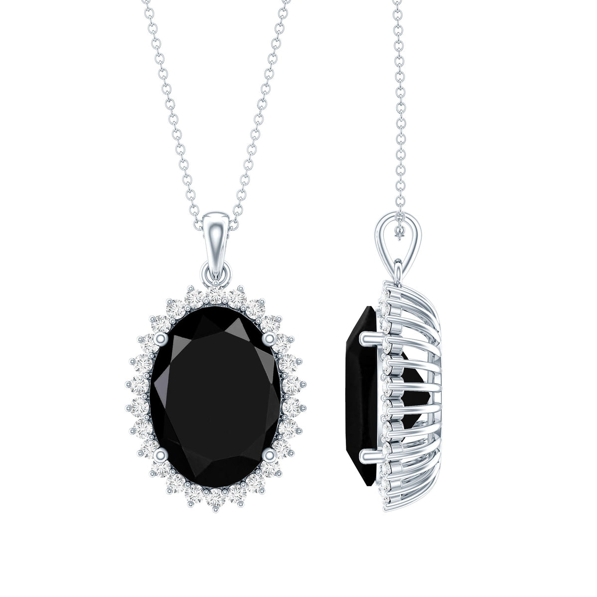 Certified 14 Carat Oval Lab Grown Black Diamond Cocktail Necklace in Silver