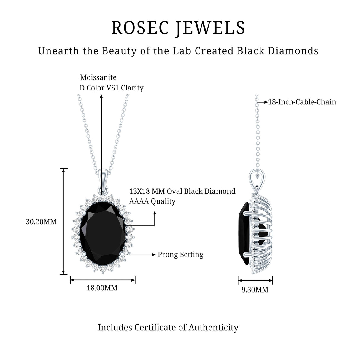 Certified 14 Carat Oval Lab Grown Black Diamond Cocktail Necklace in Silver