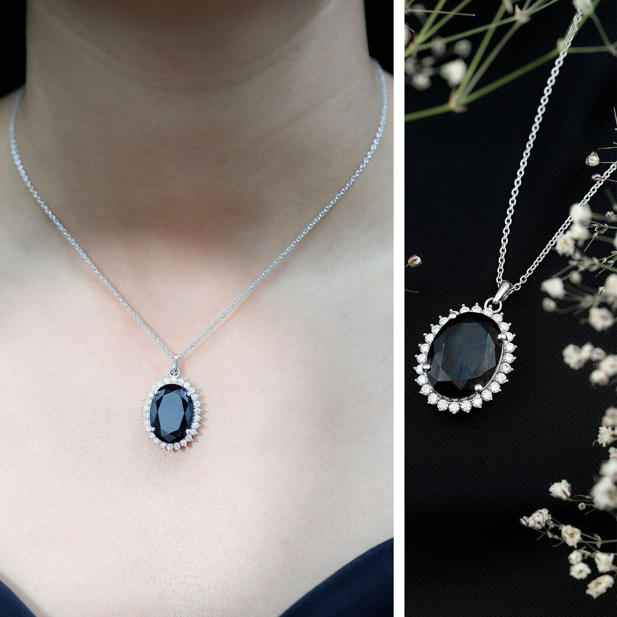 Certified 14 Carat Oval Lab Grown Black Diamond Cocktail Necklace in Silver