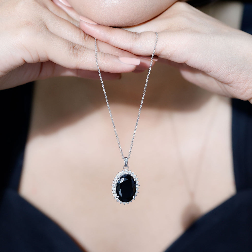 Certified 14 Carat Oval Lab Grown Black Diamond Cocktail Necklace in Silver