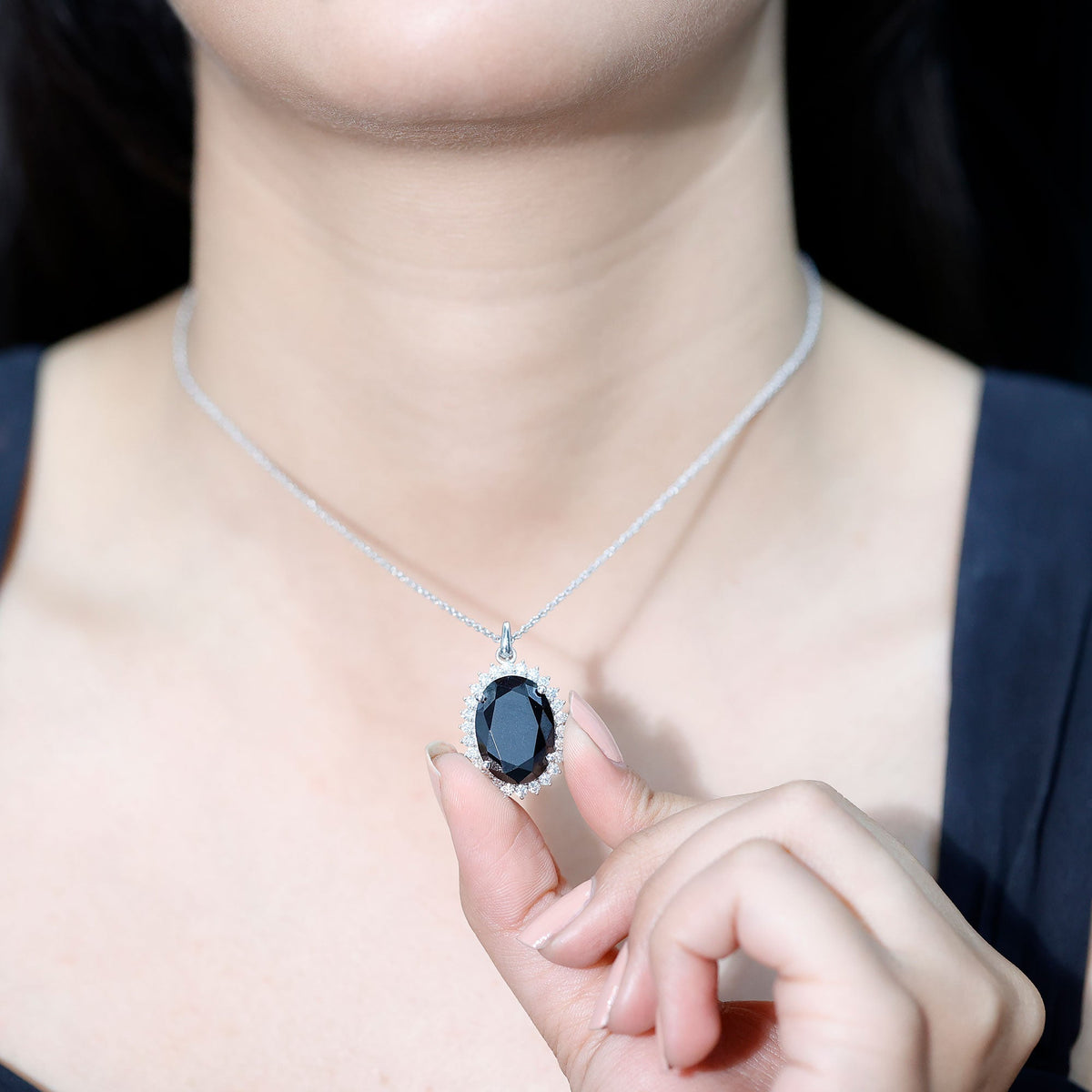 Certified 14 Carat Oval Lab Grown Black Diamond Cocktail Necklace in Silver