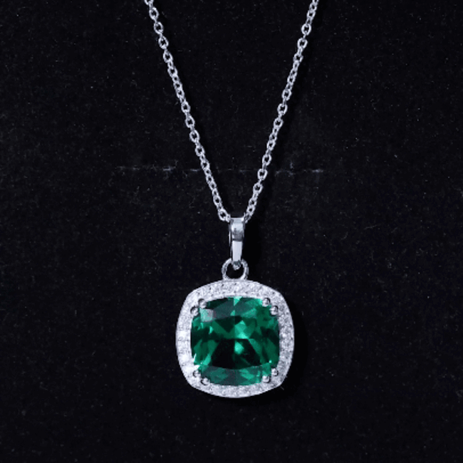 Sterling Silver 9 Carat Lab Grown Emerald Halo Pendant Necklace for Women