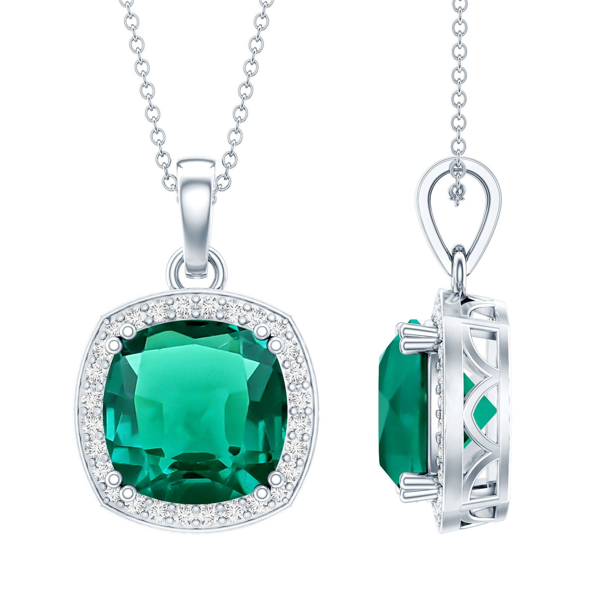 Sterling Silver 9 Carat Lab Grown Emerald Halo Pendant Necklace for Women