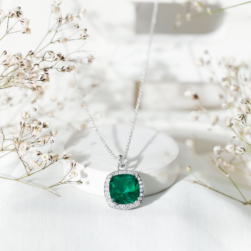 Sterling Silver 9 Carat Lab Grown Emerald Halo Pendant Necklace for Women