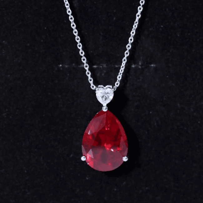 Sterling Silver 9 Carat Lab Grown Certified Ruby Teardrop Necklace for Women