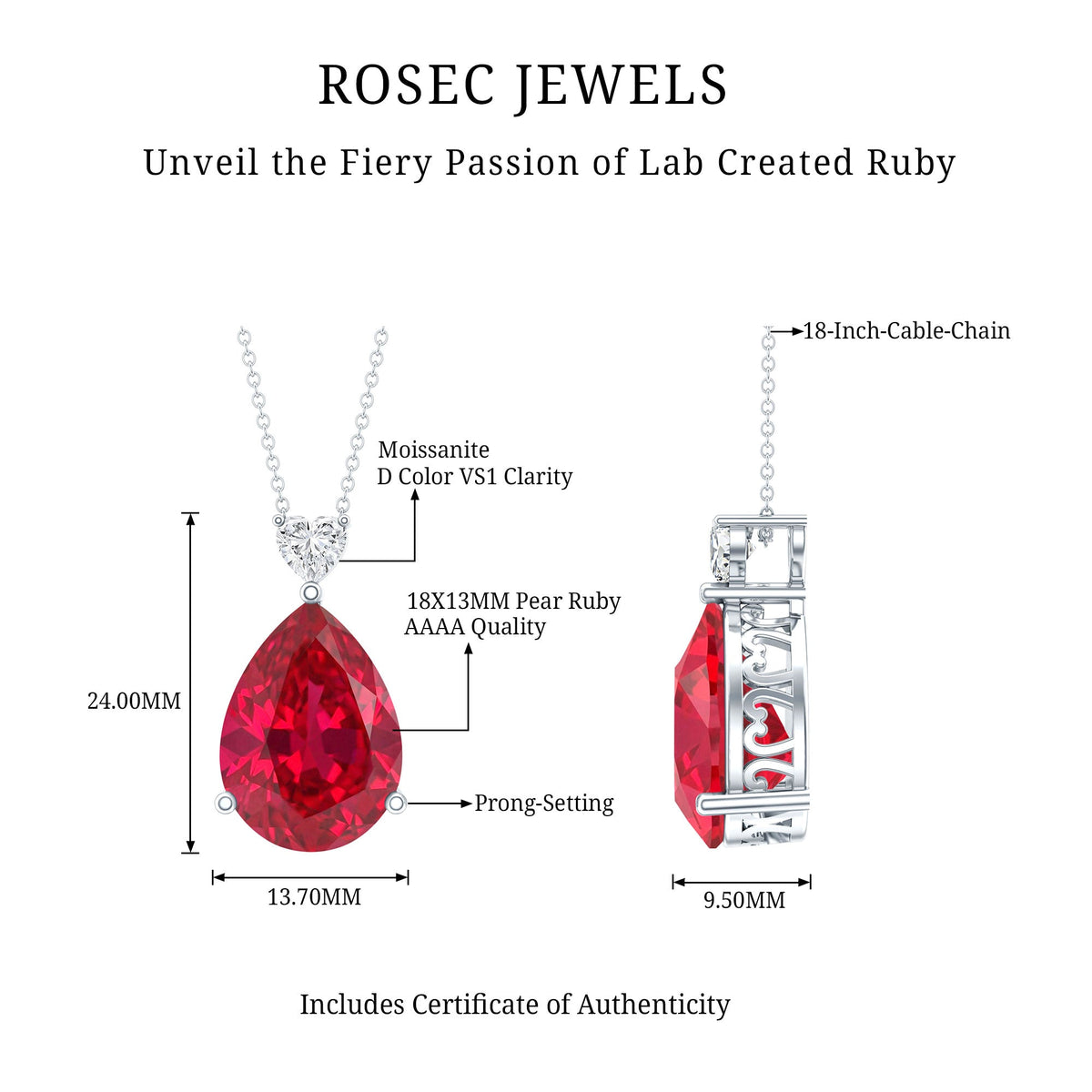 Sterling Silver 9 Carat Lab Grown Certified Ruby Teardrop Necklace for Women