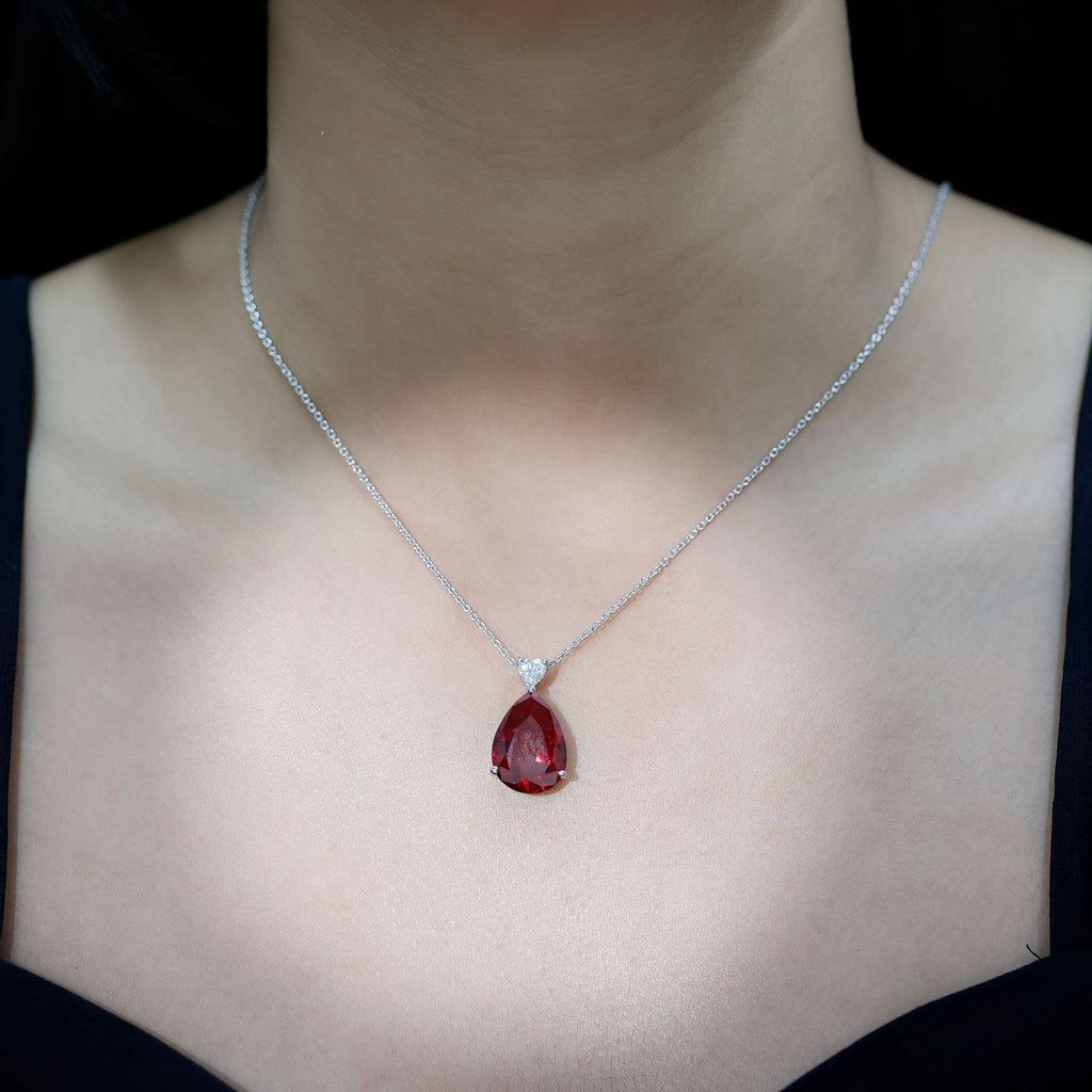 Sterling Silver 9 Carat Lab Grown Certified Ruby Teardrop Necklace for Women