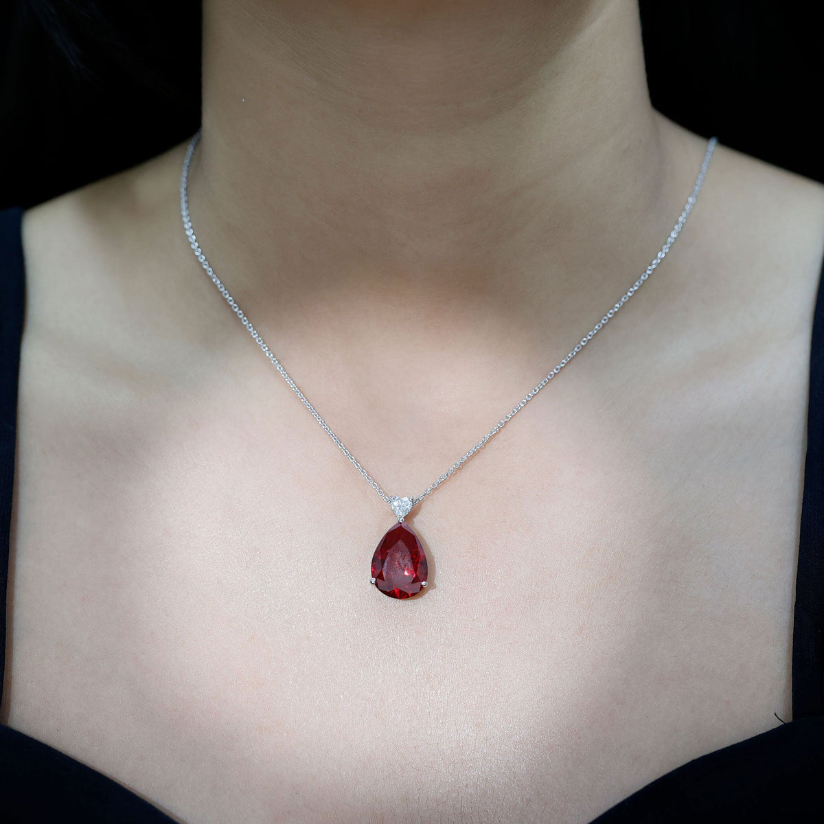 Sterling Silver 9 Carat Lab Grown Certified Ruby Teardrop Necklace for Women