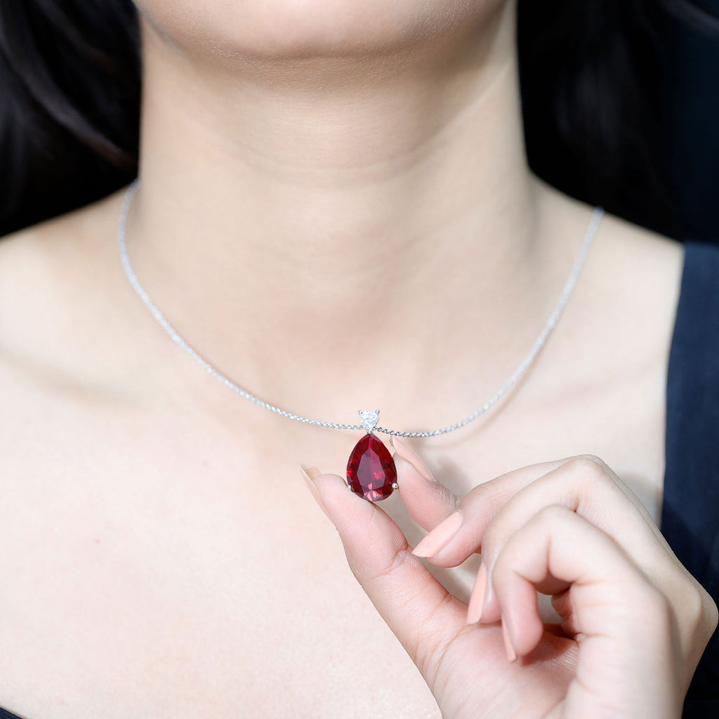 Sterling Silver 9 Carat Lab Grown Certified Ruby Teardrop Necklace for Women