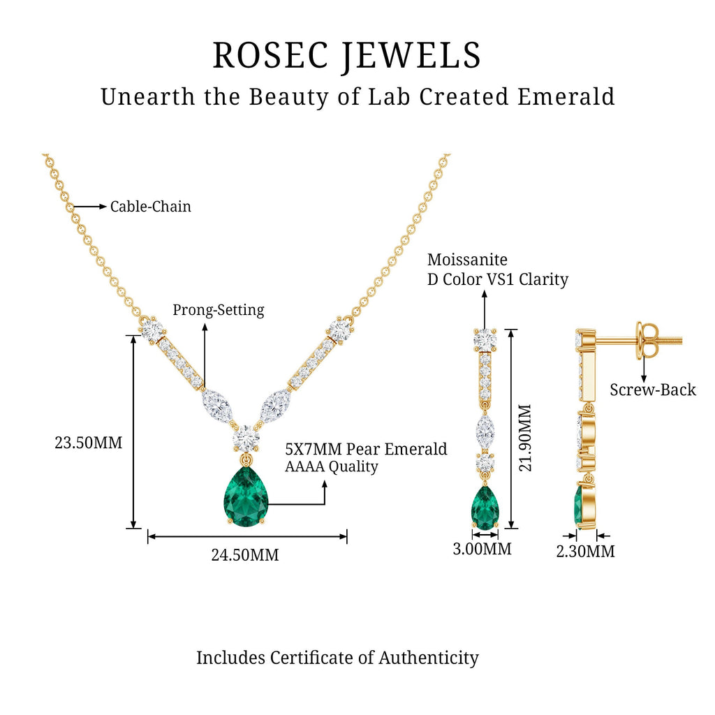 Lab Created Emerald and Moissanite Bridal Necklace Earrings Set