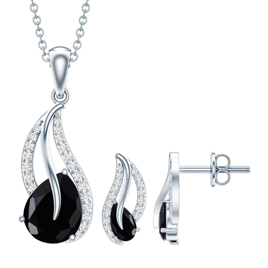 Pear Shaped Black Onyx Necklace and Earrings Set with Moissanite