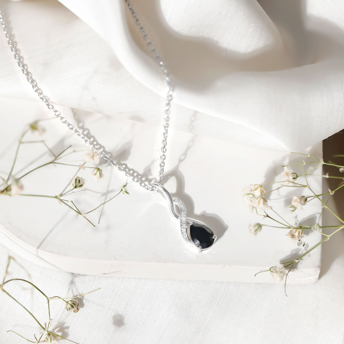 1 Carat Pear Shape Black Onyx Infinity Necklace with Diamonds