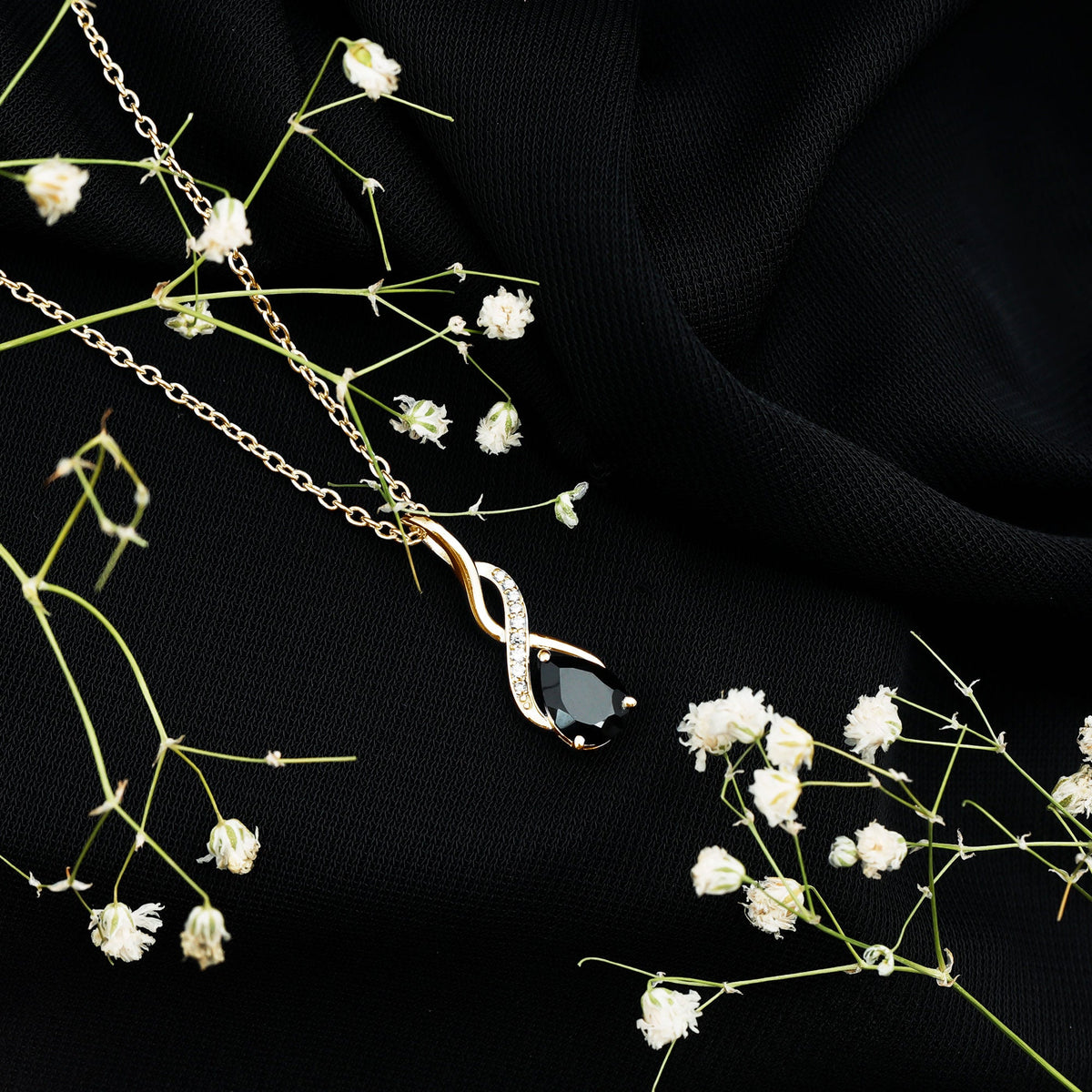 1 Carat Pear Shape Black Onyx Infinity Necklace with Diamonds