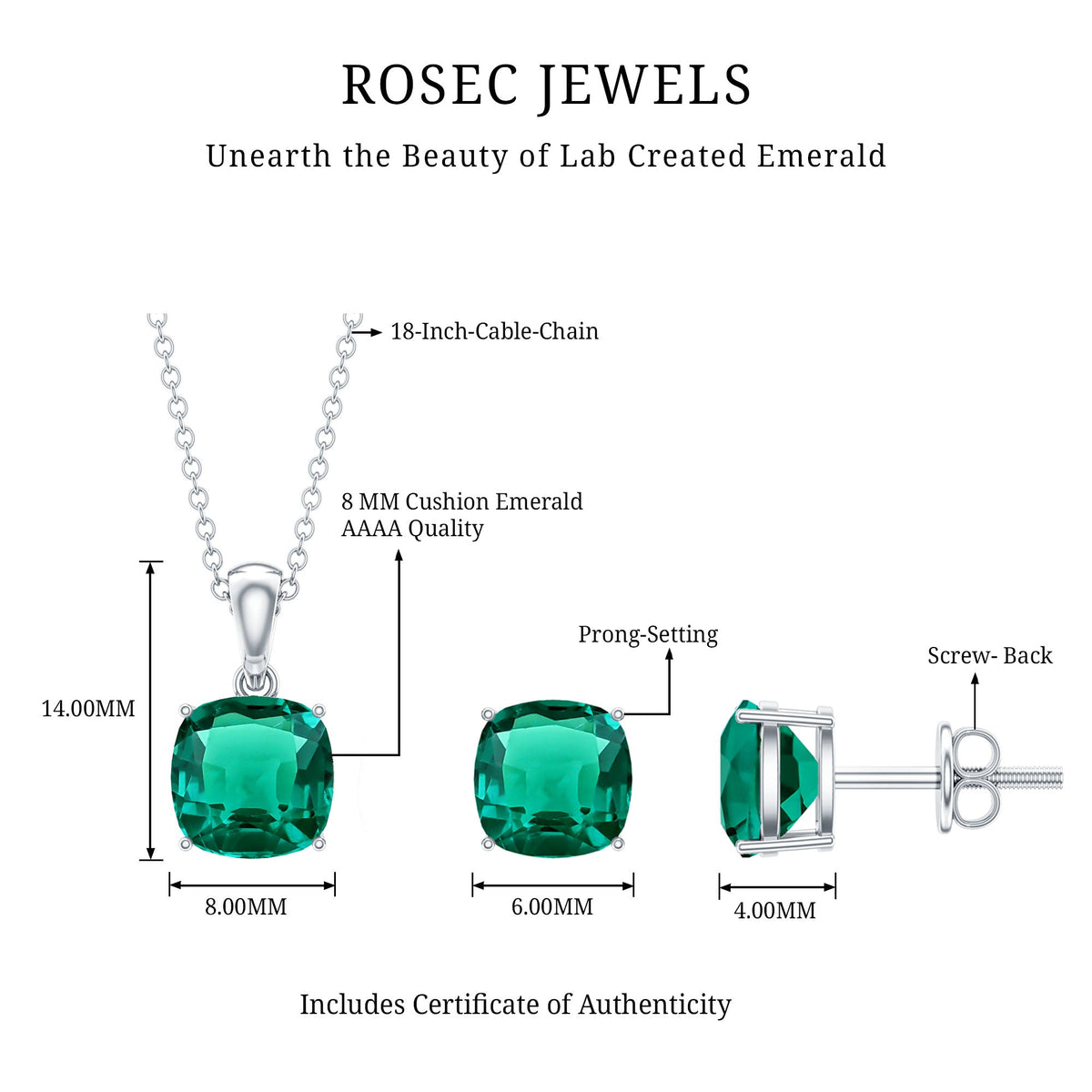 Certified Lab Grown Emerald Solitaire Jewelry Set