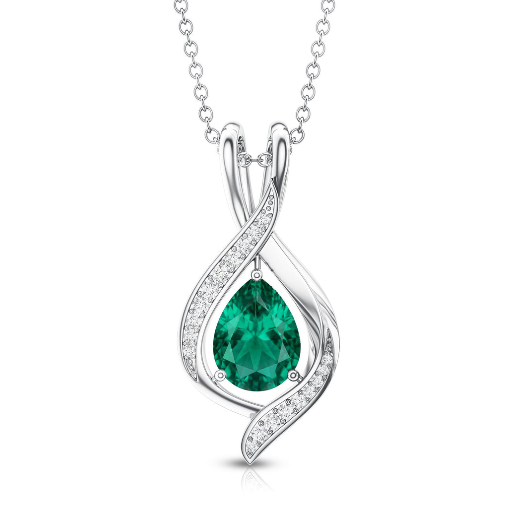 1 Carat Pear Cut Lab Created Emerald Teardrop Pendant with Diamond
