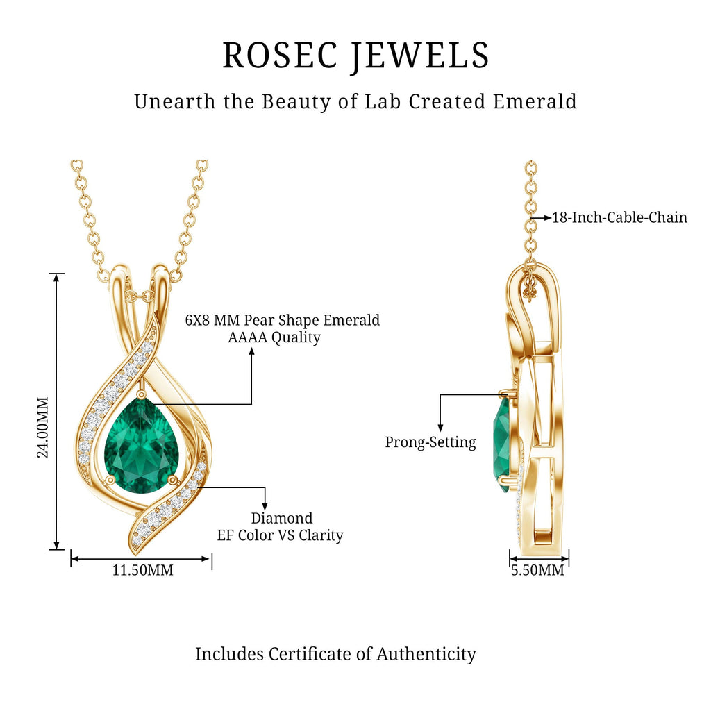 1 Carat Pear Cut Lab Created Emerald Teardrop Pendant with Diamond