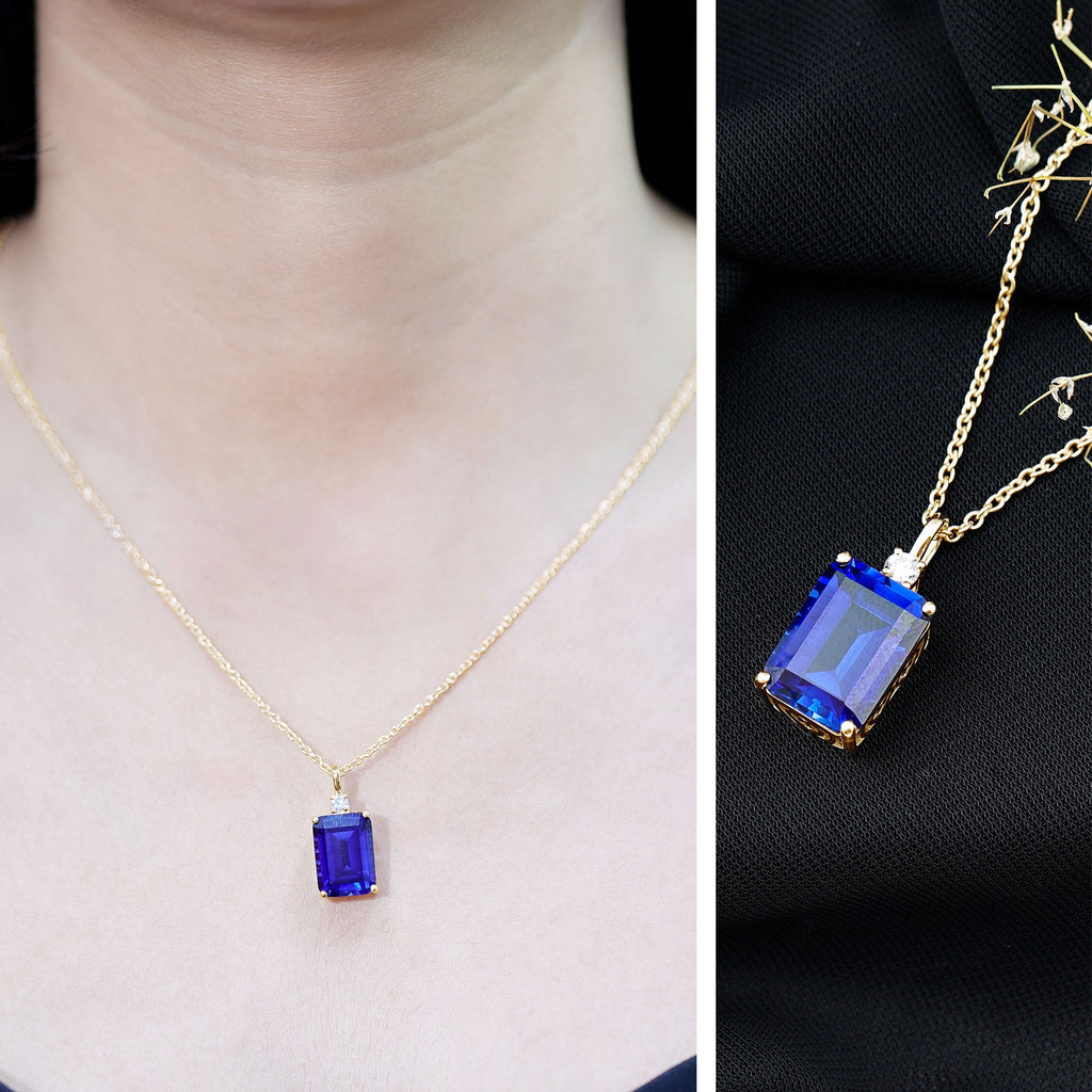 9 Carat Lab Grown Blue Sapphire Emerald Cut Necklace with Diamond